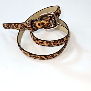 Thin Cheetah print faux leather thin women's belt  silver toned buckle
